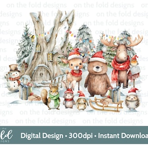 Weihnachten Waldtiere, digitale Clipart Sublimation Clipart, png, niedliche Winterszene, Kissenbezug, pj, Pullover, T-Shirt Design Xmas Jpeg