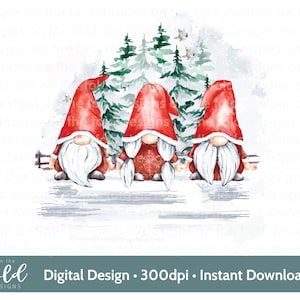 May include: Three red and white gnomes with white beards stand in front of a watercolour painting of a snowy forest. The gnomes are wearing red hats with white trim and have white beards.