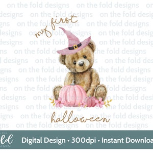 1st ハロウィン かわいいテディ ピンク カボチャ 秋の魔女 ハロウィン PNG デジタル クリップアート ダウンロード トリック オア トリート デザイン 特別なギフト 昇華