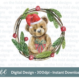Orsacchiotto di Natale, 1° Natale, Cappello di Babbo Natale, Ghirlanda di agrifoglio PNG download istantaneo di clipart digitali, vestiti per bambini, design di biglietti di Natale, Sublimazione,
