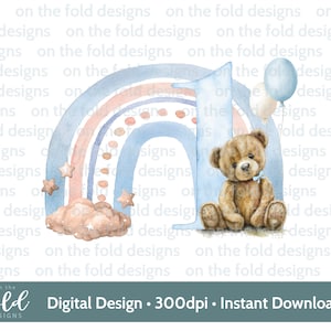 Teddy Rainbow 1° compleanno palloncini PNG, design clipart trasparente, stampa a sublimazione, creazione di biglietti, stampa il tuo, download immediato
