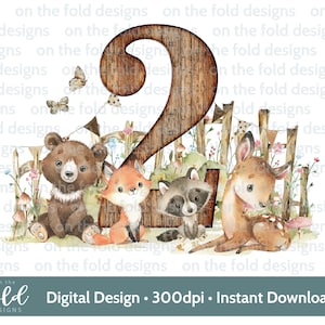 Clipart animal des bois pour le deuxième anniversaire, transparent, 2e édition, aquarelle souvenir, sublimation, image numérique, création de cartes