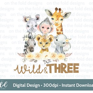 Wild & THREE safari dieren png, gele bloemen, sublimatie, transparante clipart, instant download, 3e verjaardagscadeaus, safarifeest
