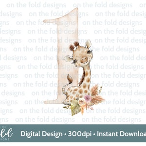 Giraffe Safari clipart, boho flowers, neutral, sublimation design, 1st birthday decal, water slide transparent clipart, instant download