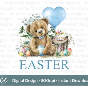 Ostern Teddy Clipart 1st Ostern Aquarell PNG Sofortige digitale Clipart Baby Weste Karte Blauer Ballon Osterweste Sublimationsdruck UVDTF