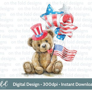 May include: A watercolor illustration of a teddy bear wearing a red, white, and blue patriotic hat and holding an American flag. The bear is surrounded by red, white, and blue star-shaped balloons.