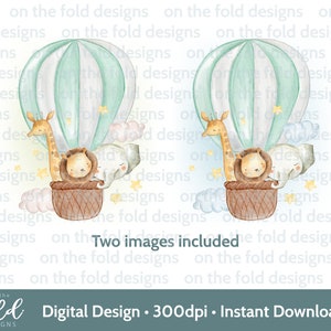 Safari Clipart Balão de ar quente verde menta primeiro aniversário PNG sublimação UVDTF impressão cartão fazendo novo design de colete de berçário de bebê aquarela
