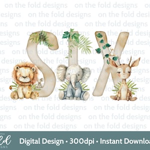 Safari clipart jungle dieren PNG transparante clipart Instant Download personaliseren print 6e verjaardag kaarten cadeaus kunst aan de muur neutraal zes