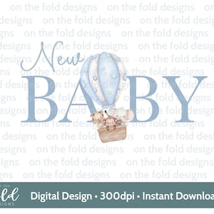 Nuovo bambino, Safari Jungle Animal, Mongolfiera, Blue Boy, Nursery Decor, PNG acquerello, clipart digitale, immagine stampabile a sublimazione