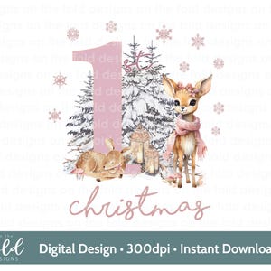 1° Natale Baby Deer Clipart Png Woodland Xmas Design digitale Sublimazione Design biglietto di Natale Scena invernale tradizionale Baby Pink Uv Dtg