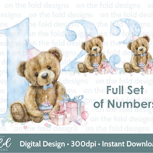 Teddy Bär Anzahl Clipart Geschenke 1. Geburtstag Clipart Sublimation PNG sofortiger digitaler Download, Baby-Farben, ein PNG auf den Falten Designs