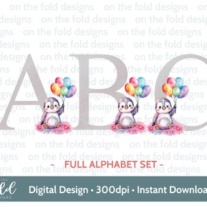 Conjunto completo de letras del alfabeto de pingüinos, diseños de globos y flores para cumpleaños, diseño de imágenes prediseñadas PNG, descarga de imágenes prediseñadas transparentes, sublimación