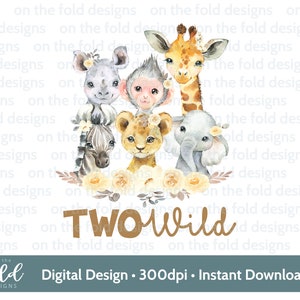 TWO Wild safari animal png, yellow flowers, sublimation, transparent clipart, instant download, 2nd birthday gifts, safari party,