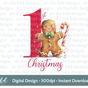 Clipart del primo pan di zenzero di Natale, carino primo Natale PNG acquerello digitale istantaneo, vestiti per bambini, design di biglietti, sublimazione, bastoncino di zucchero