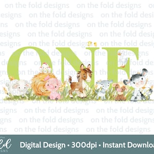 Vert ferme cour animaux PNG Clipart 1er anniversaire Tshirt carte Design DTF DTG impression par sublimation téléchargement immédiat fille une invite autocollant