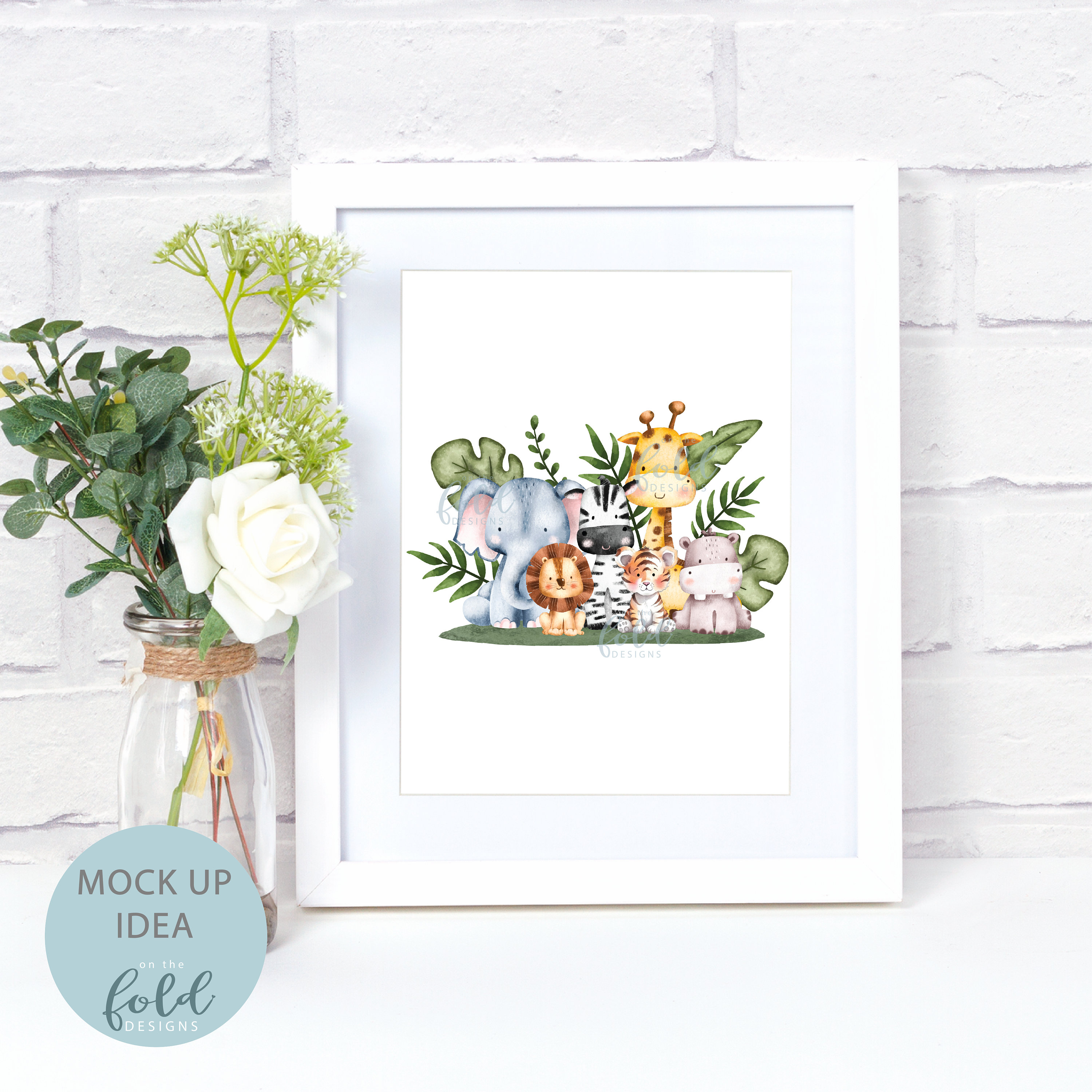 May include: A white frame with a white mat surrounding a watercolor illustration of a group of jungle animals. The animals include an elephant, a zebra, a giraffe, a lion, a tiger, and a hippopotamus. The animals are surrounded by green leaves.