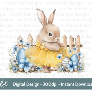 Clipart di coniglietto pasquale giallo Ballerina Coniglio Acquerello PNG Immagine digitale a sublimazione Creazione di biglietti Design di gilet per neonati Immagine UV-DTF Pigiama di Pasqua