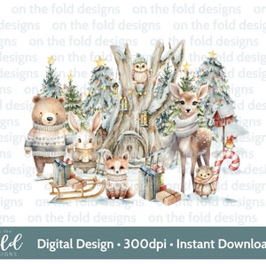 Weihnachten Waldtiere, digitale Clipart Sublimation Clipart, png, niedliche Winterszene, Kissenbezug, pj, Pullover, T-Shirt Design Xmas Jpeg