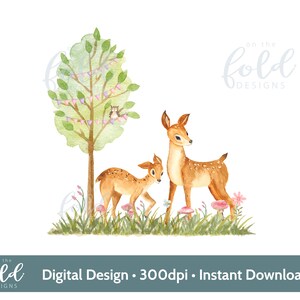 May include: A watercolour illustration of two deer in a woodland setting. The deer are brown with white spots and are standing in a grassy area with pink flowers and mushrooms. A tree with green leaves and pink bunting is in the background.