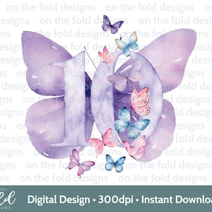 Schmetterling Clipart 10.Geburtstag Nummer Zehn Lila Lila Bild PNG Sofortiger Download Sublimation Basteln Kartenherstellung Cake Topper Party UVDTF