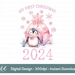 1° Natale Pinguino Clipart Rosa 1° Natale Bambini Pjs PNG Card Design Palline Artigianato Sublimazione Sacco di Babbo Natale Grafica Uv Dtf Dtg Immagine