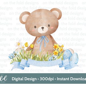 Clipart orsetto di Pasqua, acquerello, PNG, sublimazione, clipart digitale, creazione di biglietti, immagine UV-DTF del gilet per neonati, pigiama di Pasqua, narcisi, tulipani