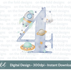 Weltraum, Astronaut, 4.Geburtstag Zahl Clipart, Sublimation, PNG, digitaler Download, Raumschiff, Rakete, Aquarell, DTF / DTG Transfer, lädt ein