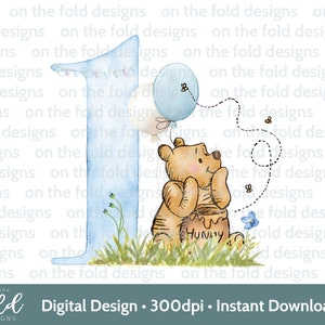 Classico Winnie the Pooh, 1° compleanno, Uno, Clipart bambino del bosco, Fiori selvatici, Clipart trasparente, Stampa a sublimazione, Grafica ad acquerello