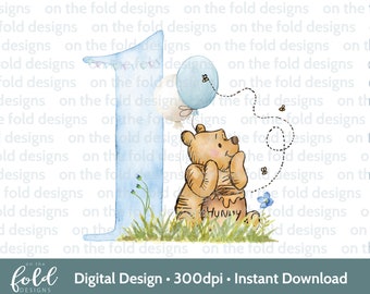 Classic Winnie the Pooh, 1st birthday, One, Woodland Baby Clipart, Wild Flowers, Transparent Clipart, Sublimation Print, Watercolor Graphic