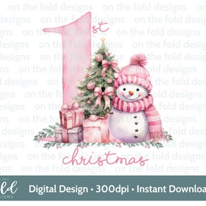 1er cadeaux de Noël bonhomme de neige rose PNG numérique Clipart sublimation carte design boule de Noël impression pyjama souvenir artisanat boule DTF Scrapbooking