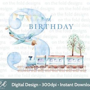 Zug, Zahl 3, Junge 3.Geburtstag, Clipart, Sublimation, PNG. Sofortiger digitaler Download, Kinderzimmer Wandkunst, Wasserrutsche, Aufkleber drucken