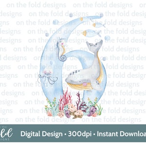 Onder de zee verjaardag, clipart, nummer SIX png, sublimatie partijontwerp, transparante clipart, afdrukbare afbeelding, instant download