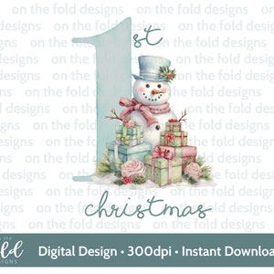 1er Noël bonhomme de neige cadeaux rose menthe PNG téléchargement clipart numérique instantané pour sublimation carte conception babiole impression pj souvenir artisanat