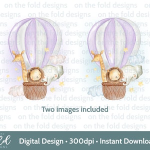 Safari Clipart Balão de ar quente Lilás Roxo 1º aniversário PNG Sublimação UVDTF Impressão Cartão Fazendo Novo Design de Colete de Berçário para Bebê Aquarela