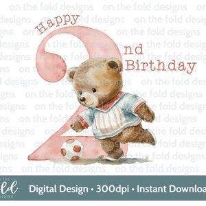 2nd birthday clipart Football Number 2 footy cute teddy bear sublimation design PNG instant digital download card making, digital print,