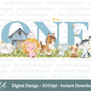 Bleu ferme cour animaux PNG Clipart 1er anniversaire Tshirt carte Design DTF DTG impression par sublimation téléchargement immédiat fille une invite autocollant