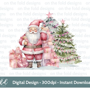 Rosa Weihnachtsmann Clipart, Santa & Geschenke Weihnachten PNG Sofortiger Download Sublimationskarte Design Kugel Druck, PJ Aquarell, Santa Sack