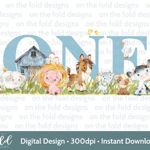 Bleu ferme cour animaux PNG Clipart 1er anniversaire Tshirt carte Design DTF DTG impression par sublimation téléchargement immédiat fille une invite autocollant
