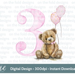 Ours en peluche, numéro 3, ballons, 3e anniversaire, cliparts, sublimation. PNG. Téléchargement numérique instantané, couleurs rose girly, motifs sur le pli