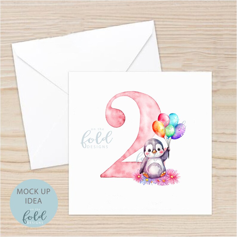 May include: A pink watercolor number two with a penguin holding a bunch of colorful balloons. The penguin is sitting on a bed of pink and purple flowers. The text "on the fold designs" is in the bottom left corner.