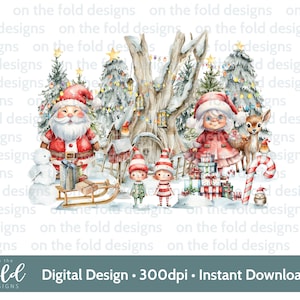 Weihnachten Waldland Santa Elfen, digitale Clipart Sublimation Nordpol png, niedliche Winterszene, Kissenbezug PJ Sweater T-Shirt Design Xmas Jpeg
