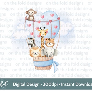 Safari Valentine Hot Air Balloon Clipart PNG Download digital instantâneo DTF Cartão de sublimação Fazendo colete de bebê Crafting Image 1º aniversário Jpeg