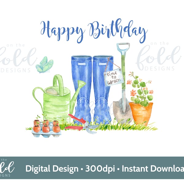 Happy Birthday Welly Rain boot gardening allotment transparent clipart instant download great for personalising crafts, sublimation printing