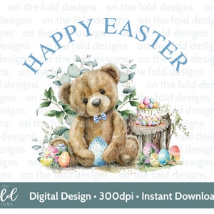 Easter Teddy Clipart 1a Pascua Acuarela PNG Instant Digital Clipart Baby Vest Card Globo Azul Chaleco de Pascua Sublimación Impresión UVDTF