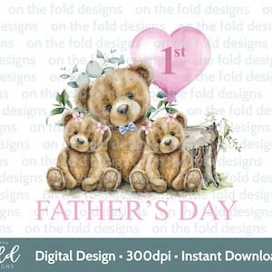 Jumeaux papa ours en peluche 1ère fête des pères Clipart PNG téléchargement Transparent nounours papa filles souvenir Sublimation Design téléchargement numérique