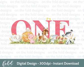 Pink Farm Yard Animals PNG Clipart 1st Birthday Tshirt Card Design DTF DTG Sublimation Print Instant Download Girl One Invites Sticker