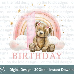 Ours en peluche Clipart arc-en-ciel PNG 1er anniversaire fond Transparent une carte d'invitation aquarelle sublimation téléchargement numérique UV-DTFDTG