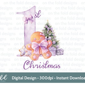 Primo Natale Clipart di Pan di zenzero, Primo Natale carino, PNG Acquerello digitale istantaneo, Bambina viola, Design della carta, Sublimazione, JPEG carino