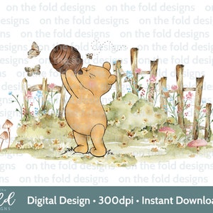 Klassieke Winnie de Poeh Woodland baby-clipart, schattige afbeelding, wilde bloemen, transparante clipartdownload, sublimatie print aquarelafbeelding