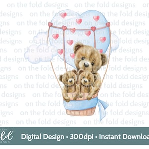 Urso de pelúcia balão de ar quente bebê menino menina amor coração clipart nova múmia dia das mães dia dos namorados png sublimação dtf impressão cartão fazendo colete de bebê